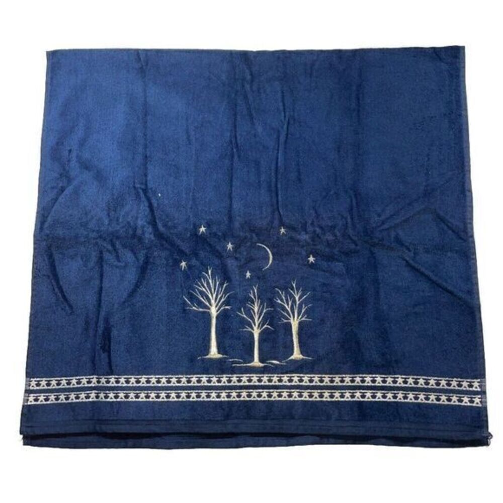 Vtg. Santens Christmas Embroidered Silver Tree Blue Towel NWOT 45"x25"
